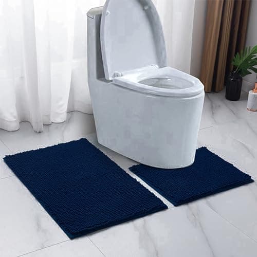 Image of EDS Chenille Bath Mats - 1" Thick Non Slip Set for Bathtub, Shower & Bathroom Rug - Highly Water Absorbent - Shaggy Microfiber - Navy Blue
