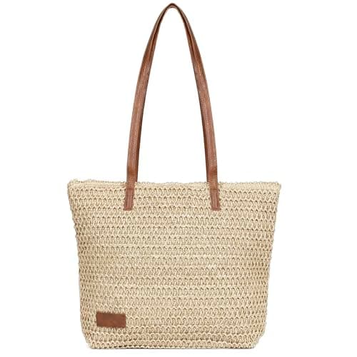 Image of Woodland Leathers Women's Straw Shoulder Bag, Medium & Large Summer Beach Tote with Zipper, Durable Leather Handles, Women Holiday Shoulder Bag with Versatile Styles and Colours (06_Beige)