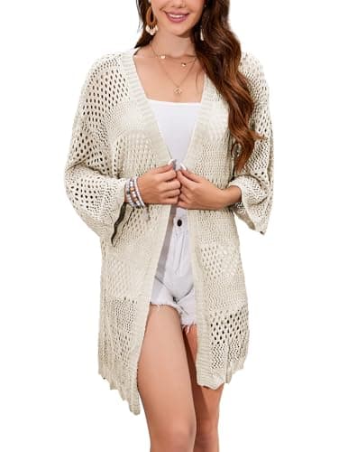 Image of Famulily Ladies Crochet Knitted Cardigan Long Loose Beach Bikini Cover Ups Open Front Swimsuit Coat (M, Beige)