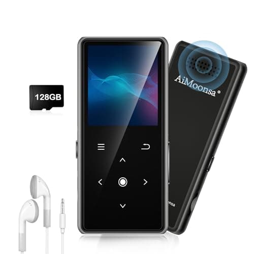 Image of 128GB MP3 Player with Bluetooth 5.2, AiMoonsa Music Player with Built-in HD Speaker, FM Radio, Voice Recorder, HiFi Sound, E-Book Function, Earphones Included