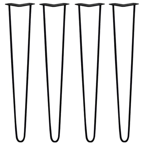Image of SkiSki Hairpin Table Legs 28” 71cm Pack of 4 Black Heavy Duty 10mm Thick Steel 2 Prong 300kg Load Capacity DIY Furniture Glide Discs Floor Protectors & Screws Included