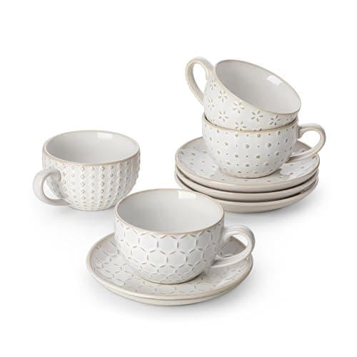Image of MALACASA Cups with Saucers Set, 6OZ/150ML, Stackable Espresso and Tea Cups Set for 4, Porcelain Small Espresso Coffee Cup Set, White Ceramic Mugs for Latte, Cappuccino and Americano, Serie Lydia