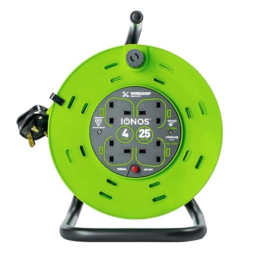 Image of IONOS 4 Socket Cable Reel, 25m, Green, 13 Amp, Thermal Cut Out, Heavy Duty, Outdoor Extension Lead, Ideal for Garden, Workshop, DIY, Power Tools (ION25M13ACR2)