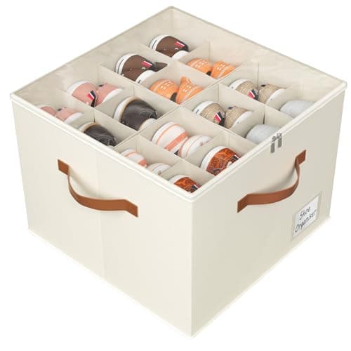 Image of Storivo Shoe Organiser - Shoe Storage Organiser Box with Zipable Clear Cover, Adjustable Dividers Shoes Boxes Storage Fits16 Pairs - for Boots Heels Sneakers - white