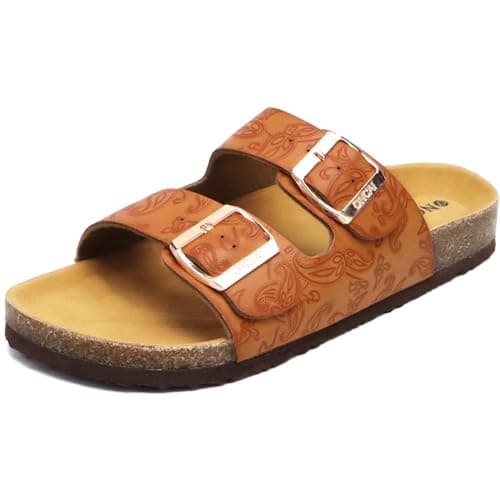 Image of ONCAI Slides Sandals Womens,Cushion Cork Footbed Open Toe Vegan Leather Strap Slip On Adjustable Double Buckle Flat Mules Floral Khaki Size 4 UK