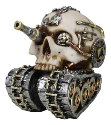Image of Ebros Gift Military War Steampunk Android Gearwork Robotic Cyborg Skull Tank Figurine Sci Fi Clockwork Gear Skull Cranium Design Skeleton