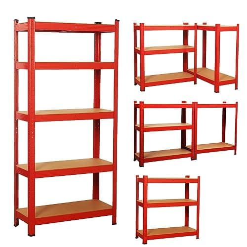 Image of COZYBRITE Garage Shelving Units 5 Tier Heavy Duty Shed Storage Racking Shelf Metal Boltless 875kg Capacity 175kg Per Shelf for Warehouse Workshop Office (Red, 70x30x150cm)