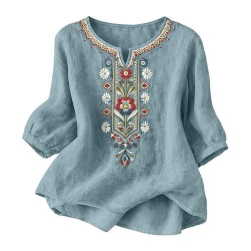 Image of Boho Embroidered Tops for Women UK Cotton Linen Shirts 3/4 Sleeve Linen Tops Summer Mexican Shirts Peasant Style Fashion Hippie Clothes Floral Loose Holiday Beach Tee Shirts Plus Size