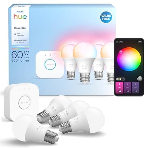Image of Philips Hue Essential Starter Kit: Bridge + 4 Essential E27 Smart Bulbs, White and Color Ambiance, 2200K-6500K, Dimmable, Works with Alexa, Google Assistant, Samsung SmartThings, Apple Home