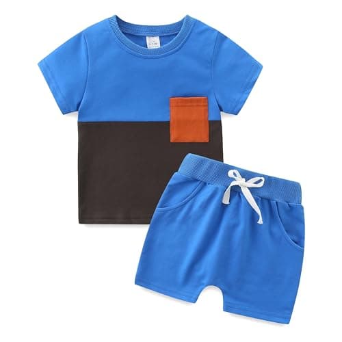Image of KIDDLETOWN Baby Boy Clothes Summer Short Sleeve T shirt Top and Elastic Waist Shorts 2 Piece Tracksuit Sets Color Block T Shirt Shorts with Pocket for Boys 6-9 Months