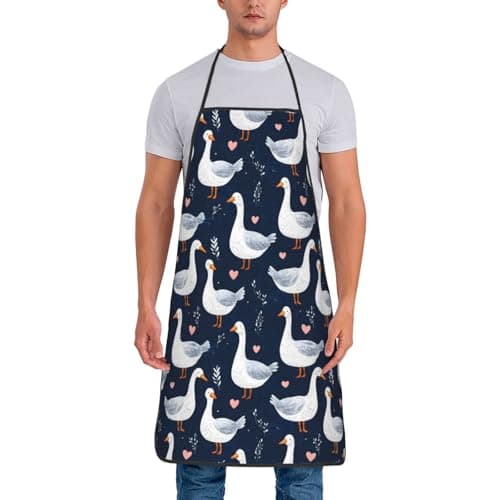 Image of Chef Aprons for Men and Women - Love Goose Navy Print Oil-Resistant Bib Aprons for Cooking or BBQ Grilling Kitchen