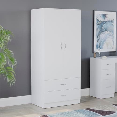 Image of Vida Designs Riano 2 Door & 2 Drawer Wardrobe | White | Bedroom Furniture | 170H x 76W x 53D cm | with Shelf & Hanging Rail | Large Capacity Storage