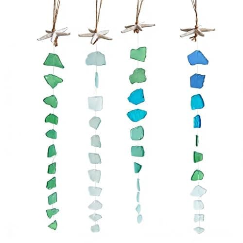 Image of Sea Glass Wind Chimes with Starfishs for Outdoor Garden Patio Hanging Decors, Beach Decorations Beach Theme Decors