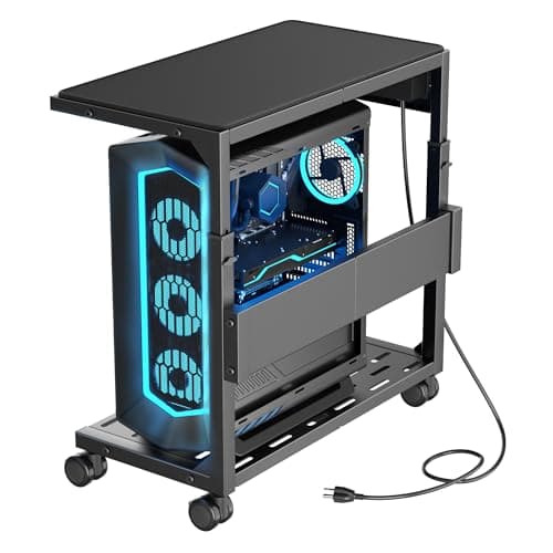 Image of Aquzee Computer Tower Stand, Adjustable PC Stand on Wheels for Floor Carpet, Heavy Duty Metal Computer Case Cart with Power Strip, Under Desk Rolling PC Holder for Gaming Home Office Bedroom, Black