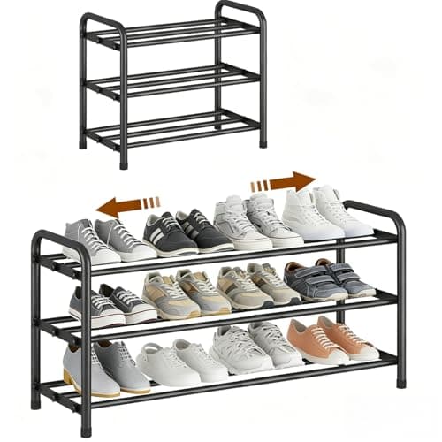 Image of YUWHFEI Extendable 3-Tier Metal Shoe Rack, Adjustable Black Shoe Storage Organiser, Free Standing Shelf for Wardrobe, Closet, Bedroom, Hallway, Entryway, Narrow Space