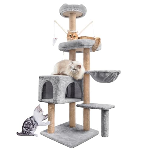 Image of Cat Tree, 145cm Stable Cat Scratching Post for Indoor Cats, Multi-Level Cat Climbing Tower with Posts Fully Wrapped in Natural Sisal Rope, Suitable for Kitty Kitten