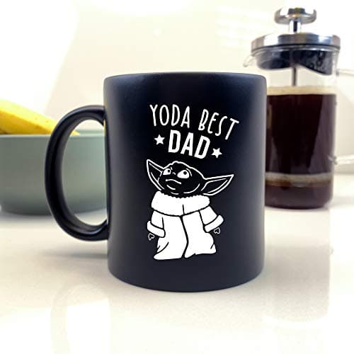 Image of eBuyGB Personalised Coffee Mug, Matt Black Baby Yoda Mug, 350ml Star Wars Themed Tea Cup, Funny Gifts for Dad from Daughter, Son (Yoda Best Dad)