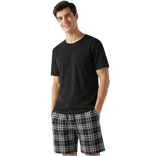 Image of Get Trend Men’s Pyjamas Sets M-5XL, Crew Neck Cotton T-shirts & Shorts Pj Set, Loungewear Tees & Short Bottoms, Soft & Comfy Nightwear (5XL, Black/White)