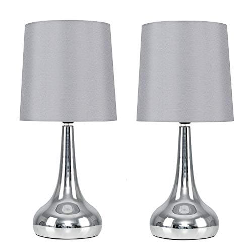 Image of MiniSun | Modern Chrome Teardrop Touch Table Lamps with Grey Fabric Shades | Table Lamps, Home Décor & Improvement Essential | Set of 2 | Includes 5W LED Bulbs [3000K Warm White]