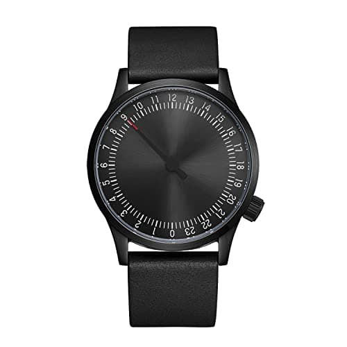 Image of JIANDUN Swiss Movement Men's One Hand 24 Hour Watch Single Hand Black Case with Italian Leather Strap, All-Black, Chronograph