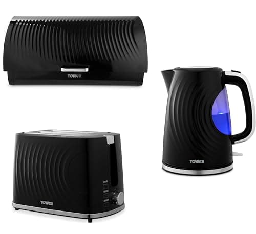 Image of Tower Sonar Black 1.7L 3KW Kettle, 2 Slice Toaster and Bread Bin. Stylish Matching Kitchen Set in Black, Embossed with a Beautiful Ripple Design