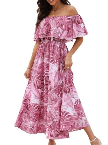 Image of CUPSHE Dress for Women Summer A Shape Dresses Off Shoulder Sleeve Maxi Length Ruffle Fitted Waisted Tropical Printed Pink M