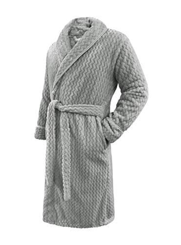 Image of Teddy Velvet Fleece Super Soft Faux Fur Robe with Collar and Cuffs Belt Up House Coat Mens and Ladies Shawl Collar Dressing Gown One Size Big & Tall (Silver Grey)