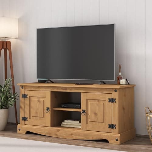 Image of Mews Corona TV Stand Flat Screen Entertainment Unit Solid Pine 2 Door Television Cabinet Mexican Waxed