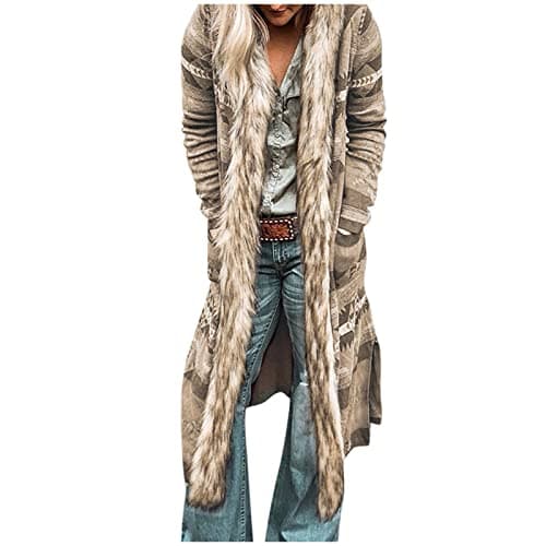 Image of Women's Faux Fur Trim Collar Cardigan Vintage Geometric Print Open Front Long Jacket Parka Outerwear with Pockets Khaki