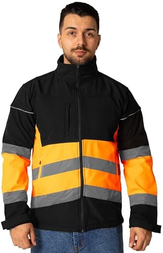 Image of Sam Caan® Hi Vis Softshell Jacket Men High Visibility Viz Reflective Water Resistant Shower Proof Rain Repellent Windproof Safety Site Coat Work Wear Builder Soft Shell Workwear Warm Top