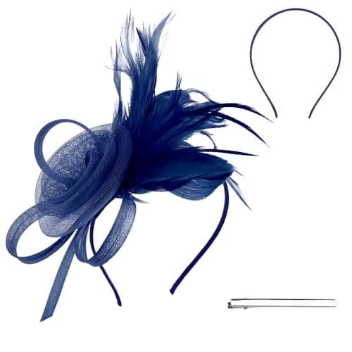 Image of Meanon Mesh Flower Feather Navy Blue Fascinator, Fascinator Hat, Headband for Wedding Cocktail Tea Party Girls Women