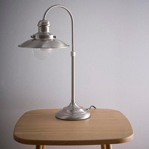 Image of K LIVING Chester Satin Nickel Table Lamp Light | Fisherman's Industrial Style Shade with Glass and Brass Cage | Electrical Modern Lighting Solution for Any Room