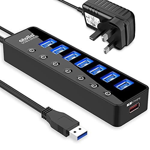 Image of atolla Powered USB 3.0 Hub 20W, 7 Multi USB Data Ports Hub splitter with Individual On/Off Switches+1 Smart Charging port with 5V/4A Power Adapter USB3 Extension for MacBook, Mac Pro and More.