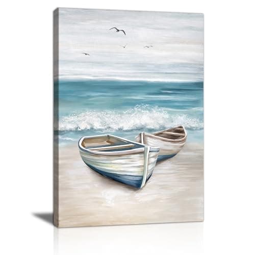 Image of FajerminArt Blue Ocean Canvas Wall Art, Framed Blue White Sea Wall Paintings Sandy Beach Coastal Picture Boat Seagull Artwork Prints Home Decor for Bathroom Living Room Bedroom 30x40cm
