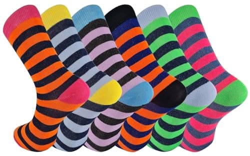 Image of Mens Stripe Socks Rich Cotton Bright & Colourful Design Striped Sock Crew Length One Size Adults UK 6-11 - 6 Pairs
