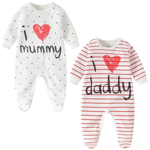 Image of Lullaby Layers Unisex Baby Sleepsuits 2 Pack – I Love Mummy & Daddy Cotton Footed Rompers – Newborn to 24 Months Baby Bodysuits for Boys and Girls (White, 0-3 Months)