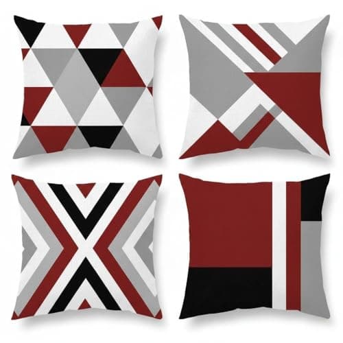 Image of Hopomoon Burgundy and Gray Geometric Cushion Covers 45x45 cm Set of 4,Modern Geometric Abstract White Linen Decorative Pillowcases for Couch, Sofa, Living Room, Farmhouse Home Decor