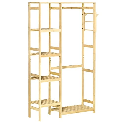 Image of HOMCOM Bamboo Garment Rack, Clothes Rack with Storage Shelf, Hanging Rail and Side Hooks for Entryway, Bedroom, Bathroom and Office, Natural