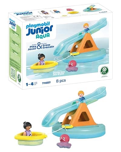 Image of Playmobil 71687 JUNIOR AQUA: Water Seesaw with Boat, including dock and hideaway for animals, sustainable toy made from plant-based plastics, gifting toy, play sets suitable for children ages 1+