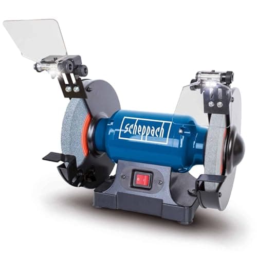 Image of Scheppach SM200L Bench Grinder | 500W | 200mm Grinding Wheels | LED Work Lights | Cast Iron | Workshop Grinder | Knife, Chisel, Scissor, Garden Secateur Sharpener (SM200L)