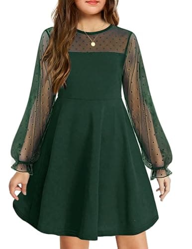 Image of Arshiner Girls Elegant Princess Party Festive Dress Puff Long Sleeve Mesh Chrismas Birtyday Dress for Kids Knee Length Green 130 8-9 Years