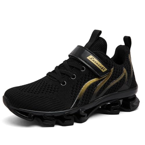 Image of LAZAZAFI Kids Trainers Boys Running Shoes Girls Walking Sneakers Childrens Athletic Sneakers Breathable Tennis Sports Shoes for Little/Big Kids Black Gold UK2