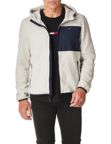 Image of Tommy Hilfiger Men's Hooded Performance Fleece Jacket, Navy/Ice Mixed Media, S