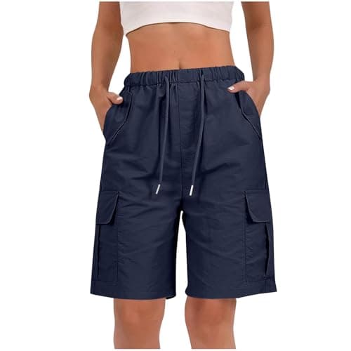 Image of RLEHJN Cargo Shorts Women UK Clearance, Ladies Bermuda Shorts Baggy Short Cargo Pants with Multiple Pockets Summer Drawstring Elasticated Waist Half Pants for Outdoor Hiking Work Travel Golf Navy
