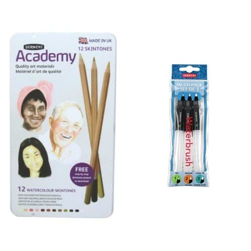 Image of Derwent Academy Watercolour Skintones Tin Set of 12 Skin Coloured Watersoluble Pencils with Derwent Waterbrush Multi-Pack (Pack of 3)