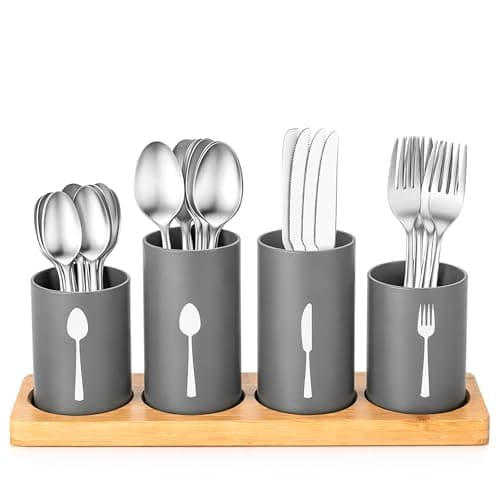 Image of Innoteck Cutlery Set with Bamboo Holder 20pcs Stainless Steel – Tableware for 4 with Organizer – Forks, Knives, Spoons, Teaspoons & Cake Forks – Dishwasher Safe, Grey