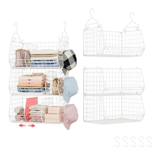 Image of 3 Tier Extra Large Closet Hanging Shelves with Divider, 16.5"L x 11.8"W x 33.6"H Closets Organizers and Storage with 5 S Hooks, Clothes Organizer for Sweaters Shoes Handbags Clutches Accessories-White