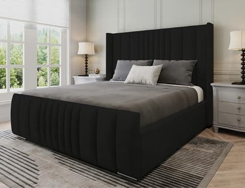 Image of Furnishion Manhattan Super King Bed Frame, 6ft Super King Size Bed, Luxury Plush Velvet Upholstered Panelled Design, Strong Wooden Beds Frame 6ft Size with High Headboard in Black Plush