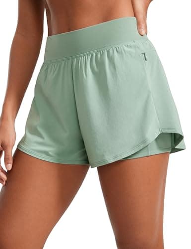 Image of CRZ YOGA Womens Double Layer Running Shorts 3" - High Waisted 2 in 1 Workout Tennis Activewear with Zip Pockets Green Palm Court 12
