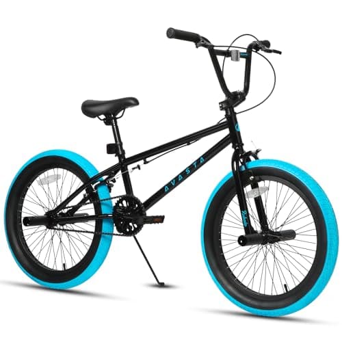 Image of AVASTA 20 Inch Freestyle BMX Bicycle Big Kids Teenager Bike for Age 6 7 8 9 10 11 12 13 14 Years Old Boys Girls Teen Youth Adult and Beginner-Level Rider with 4 Peg, Black with Blue Tires